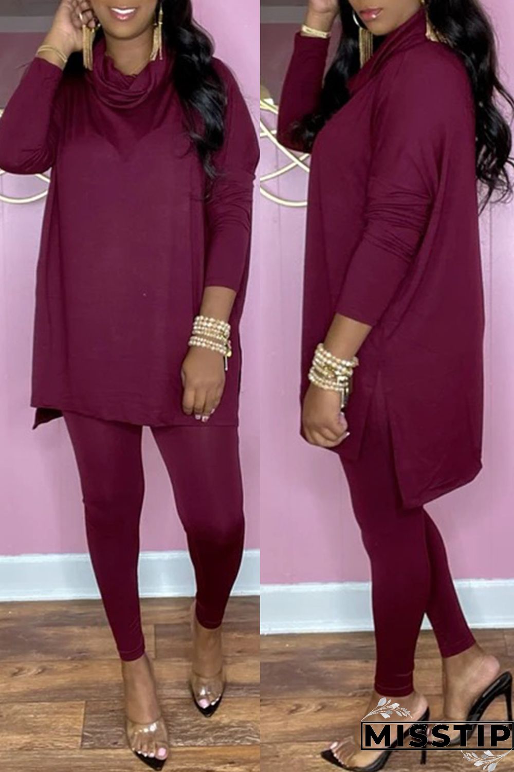 Black Fashion Casual Solid Basic Turtleneck Long Sleeve Two Pieces