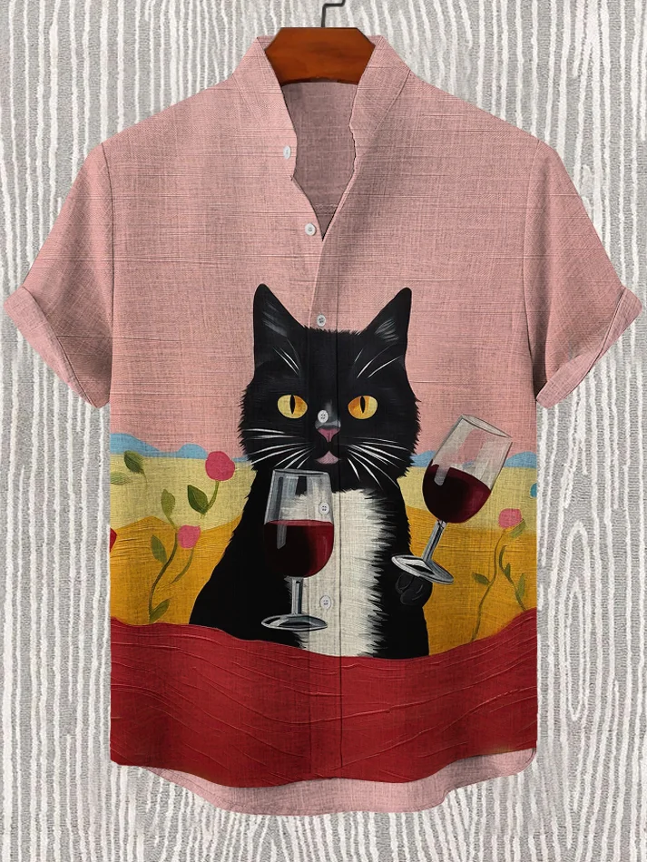 Men's Black Cat With Red Wine Art Print Linen Blend Casual Shirt