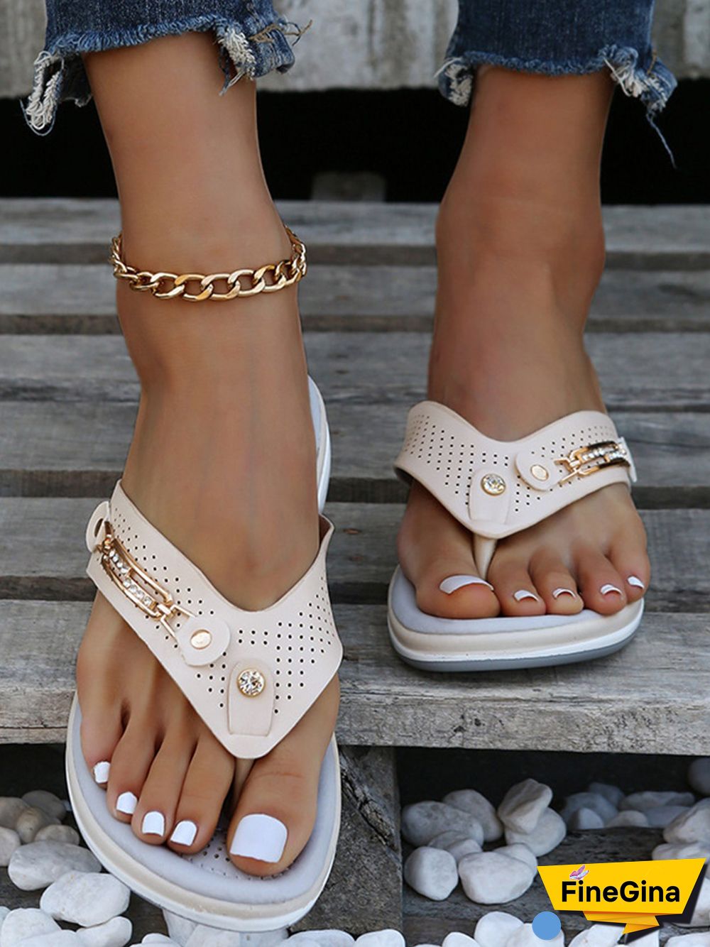 Metal Rhinestone Slope Heel Flip-Flops