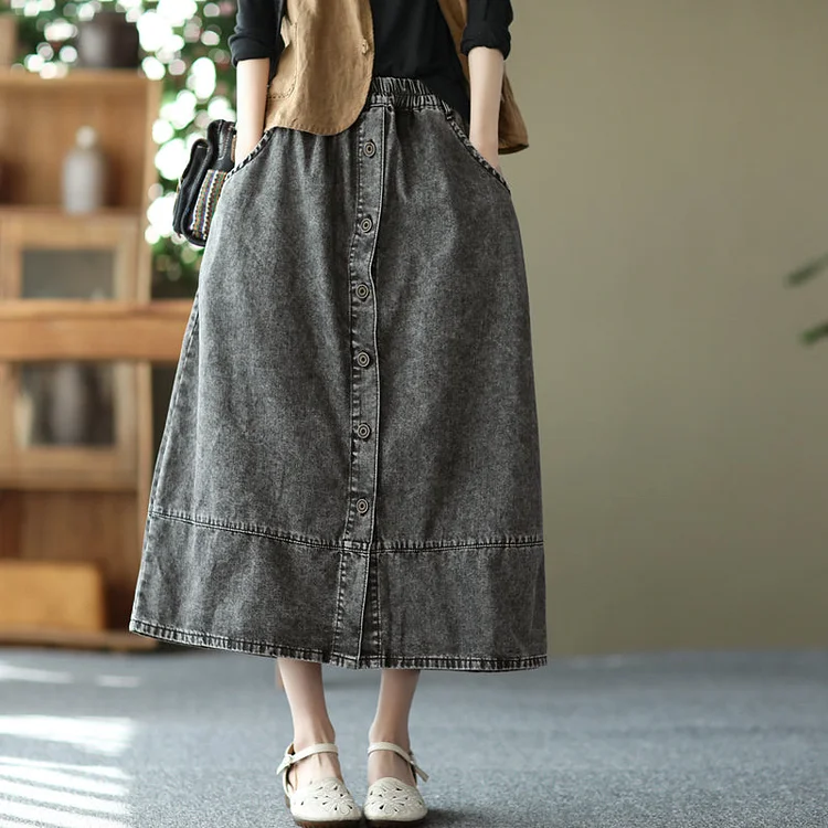 Retro Cotton Patchwork A-Line Split Denim Skirt