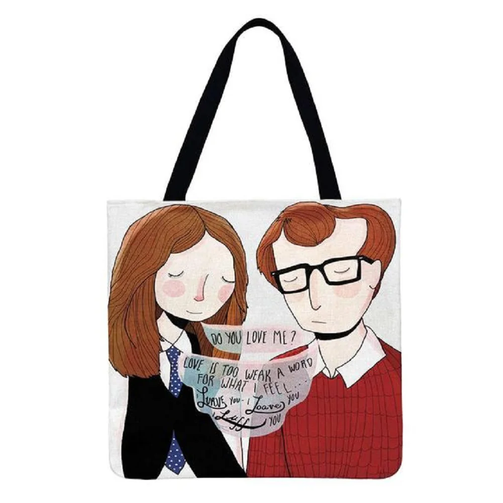 Linen Tote Bag-Cartoon couple