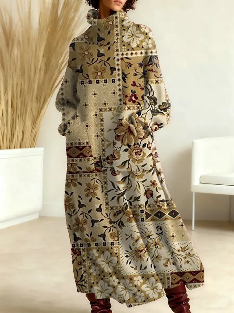 Women's Vintage Flower Art Print Casual Cotton Knitted Dress