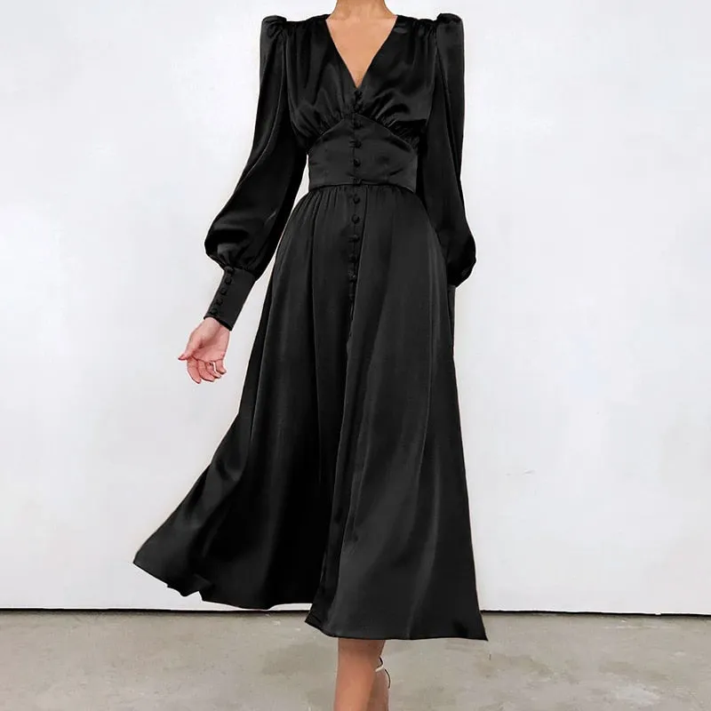 Beige Single Breasted Sexy Dress Party Clud High Waist Satin Long Dress Elegant V Neck Women Midi Dresses Lantern Sleeve