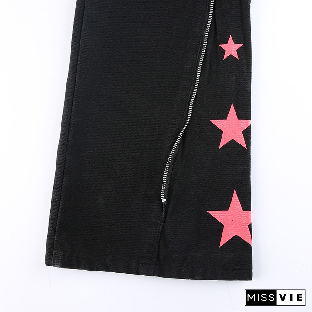 Star Print Ribbon Pocket Casual Denim Pants
