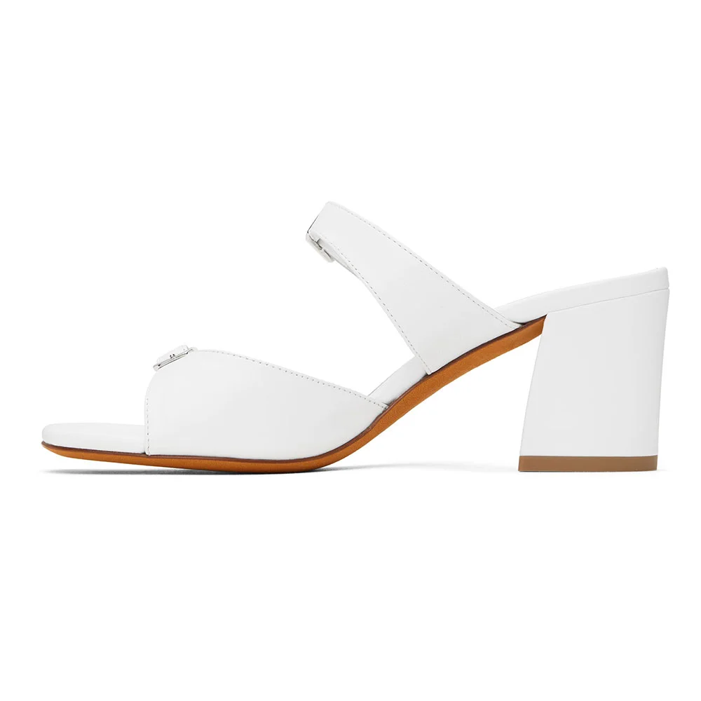 Round Toe Chunky Heel Buckle Strap Slide Sandals Women in White