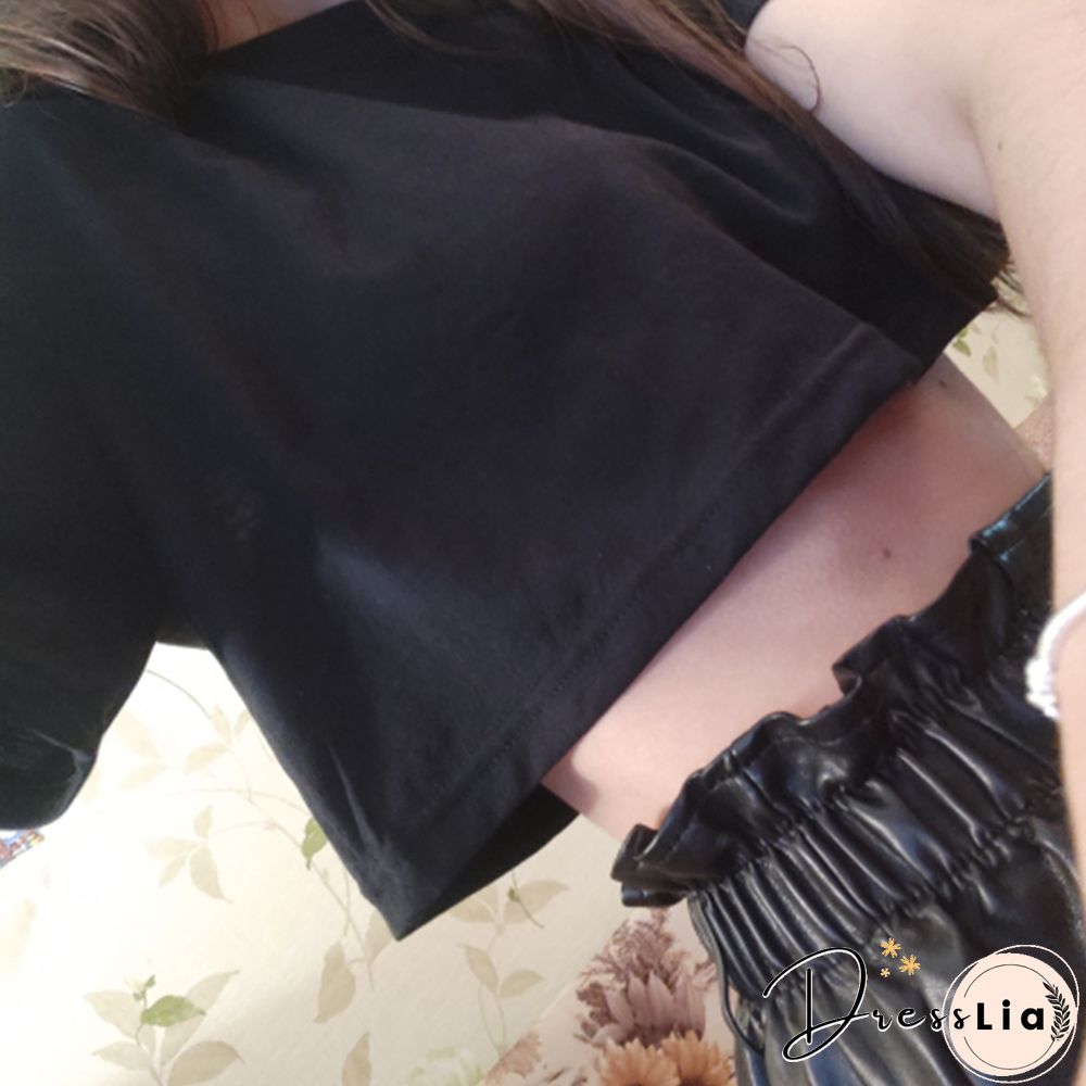 Harajuku Shirt Funny Y2K Women Crop Tops Casual Black Femme NavelT-shirt Round-neck