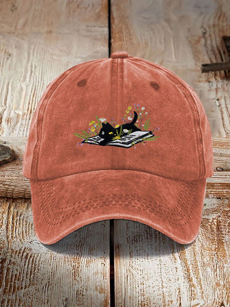 Comstylish Retro Cat Embroidery Print Washed Hat