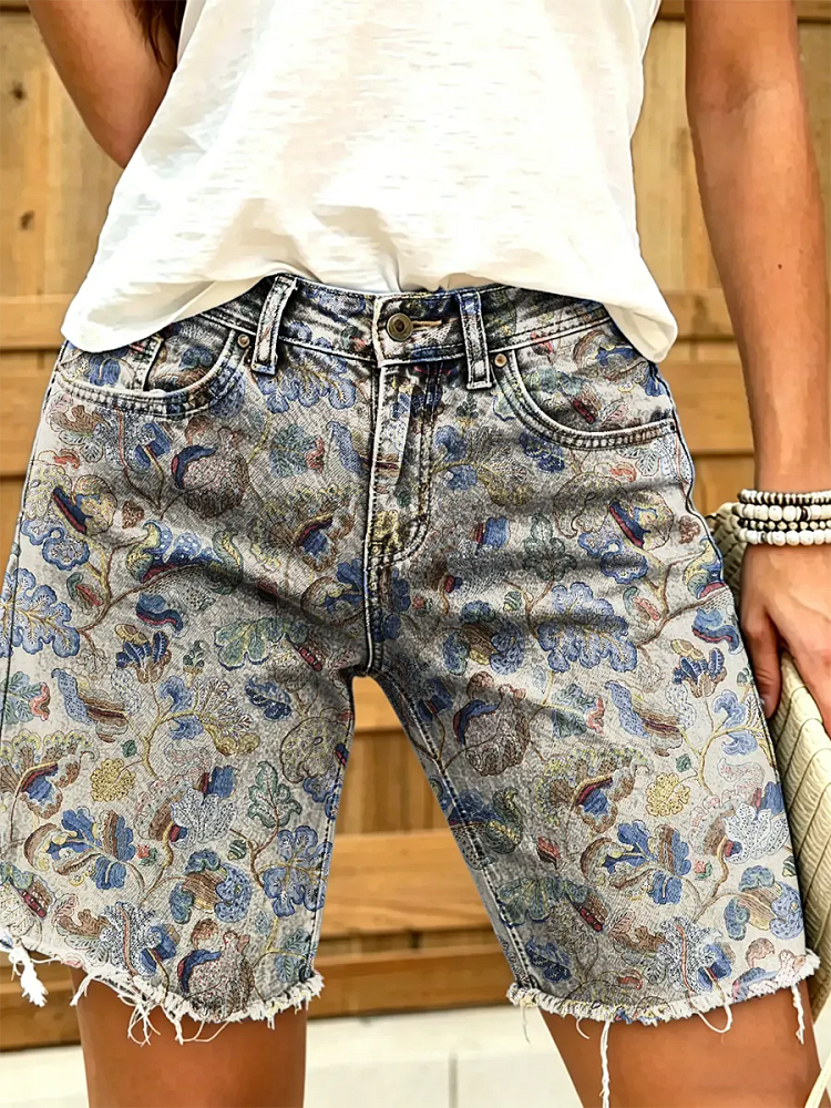 Ethnicity Vintage Totem Colorful Women's Art Print Casual Denim Shorts
