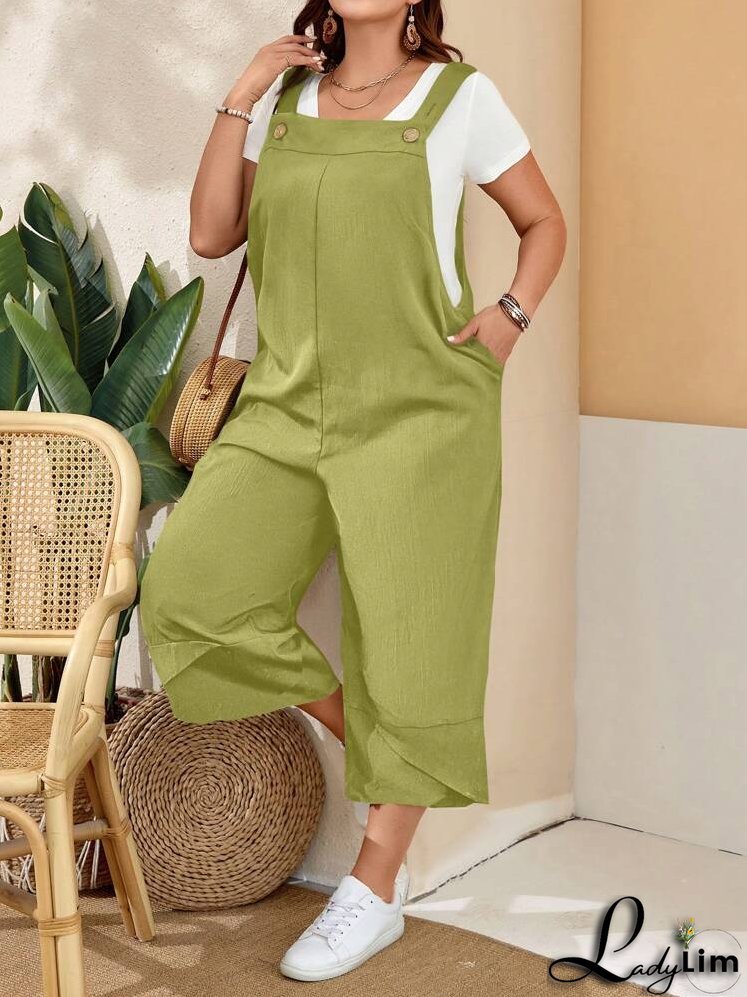 Plus Size Women's Black Overalls With Adjustable Straps, Button Closure And Pockets On Split Legs For Spring