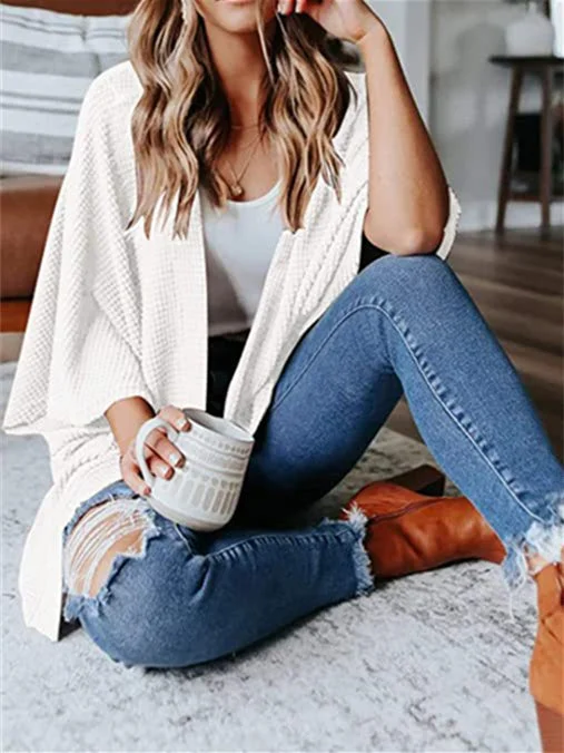 Women's Waffle Solid Color Stitching V-neck Long Sleeve Coat