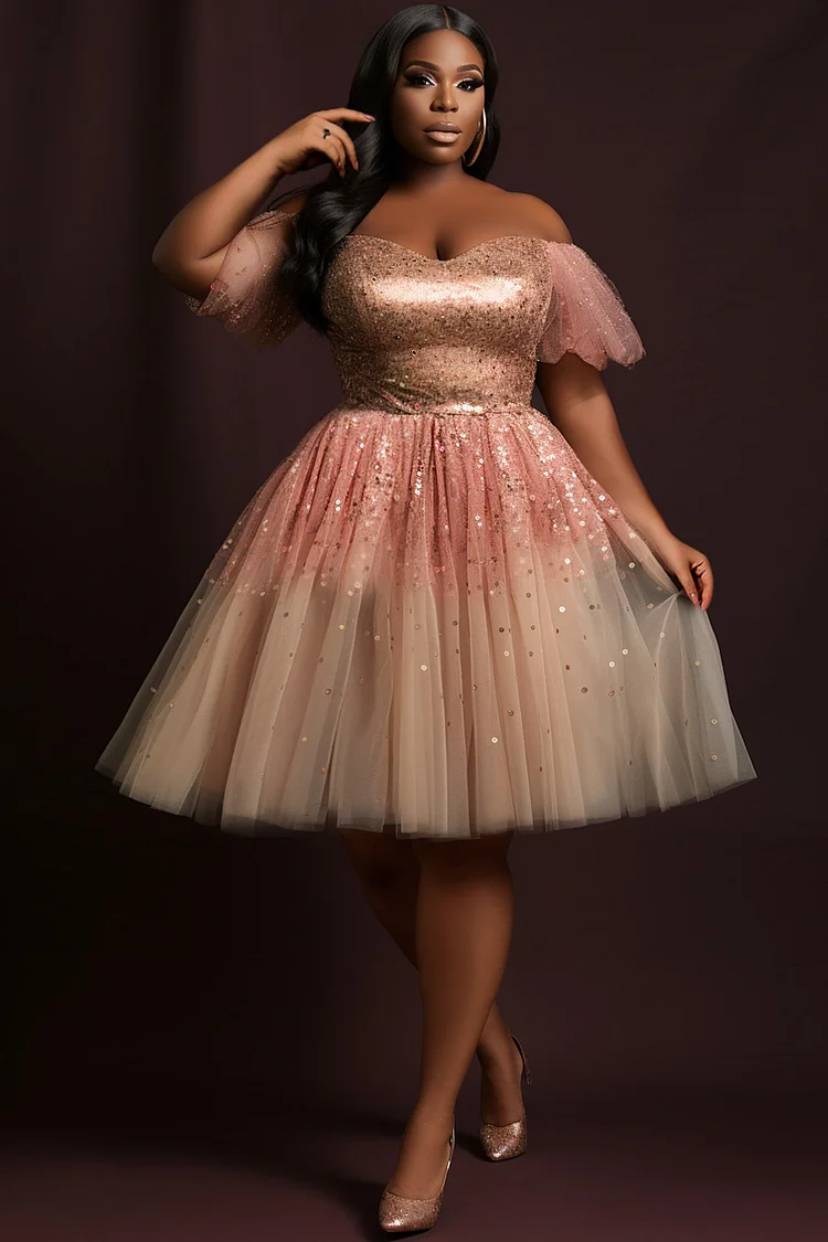Xpluswear Design Plus Size Cocktail Party Pink Elegant Off The Shoulder Short Sleeve Tulle Mini Dresses [Pre-Order] 2024 - Xpluswear