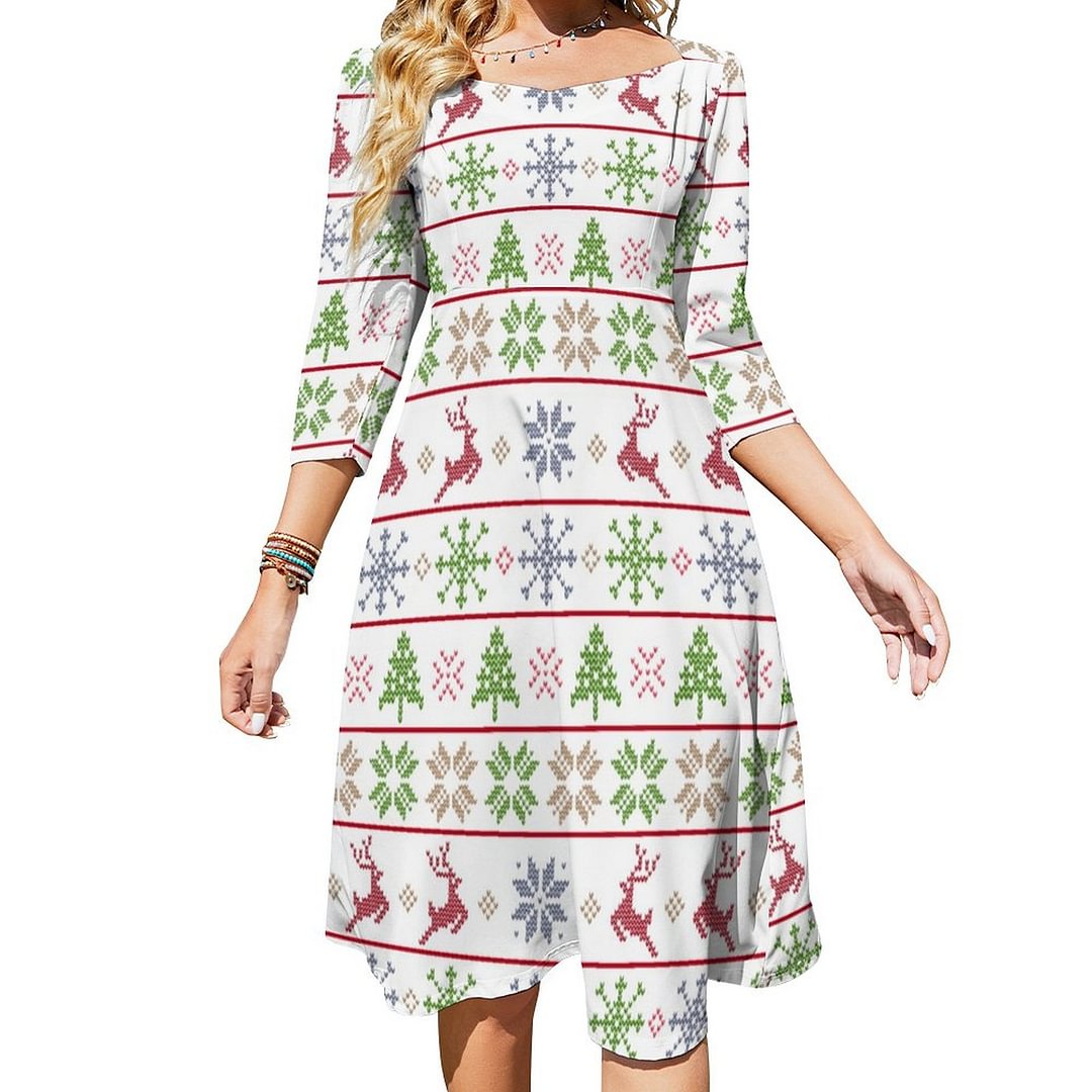 Modern Nordic Knit Ugly Sweater Red Green White Dress Sweetheart Tie Back Flared 3/4 Sleeve Midi Dresses
