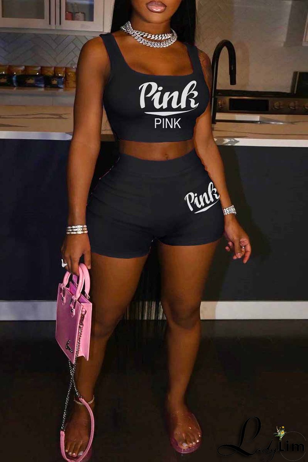 Royal Blue Sexy Casual Letter Print Basic U Neck Sleeveless Two Pieces