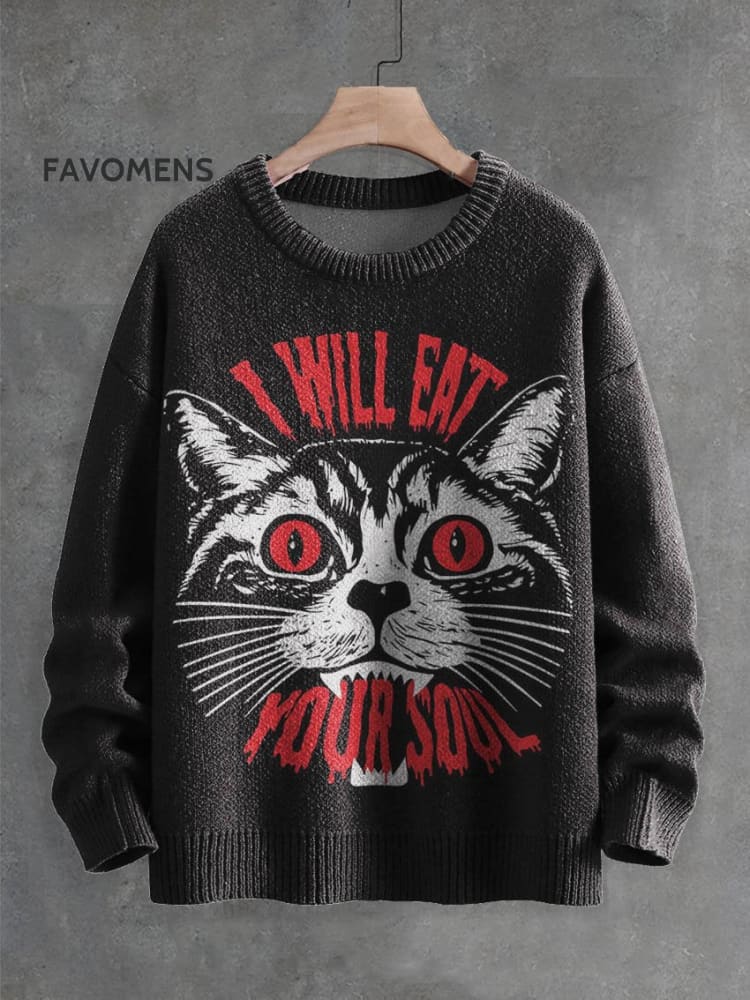 Fierce Cat Decorative Pattern Knit Pullover Sweater Multicolor / S