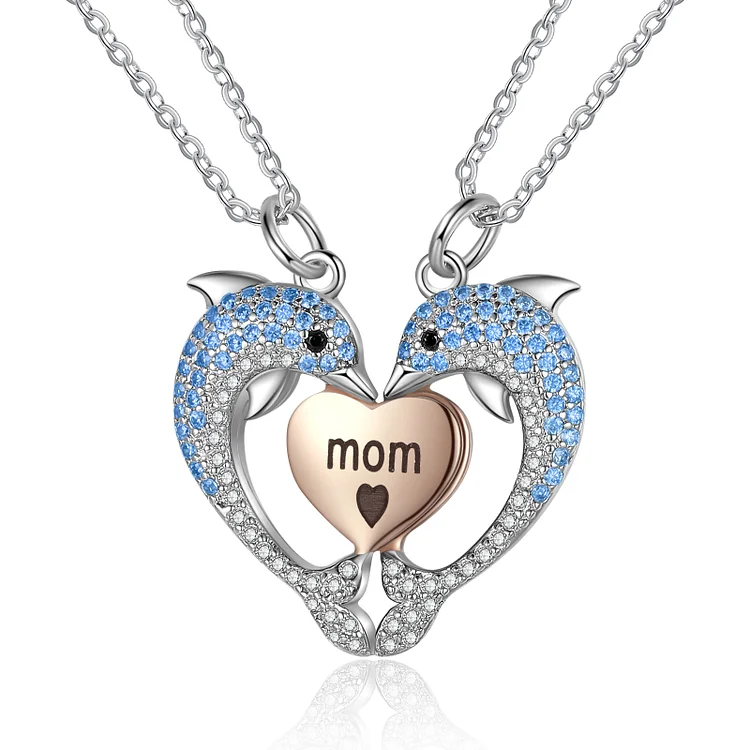 Heart Dolphin Necklace Set Custom 2 Names Matching Necklace for Mom and Daughter
