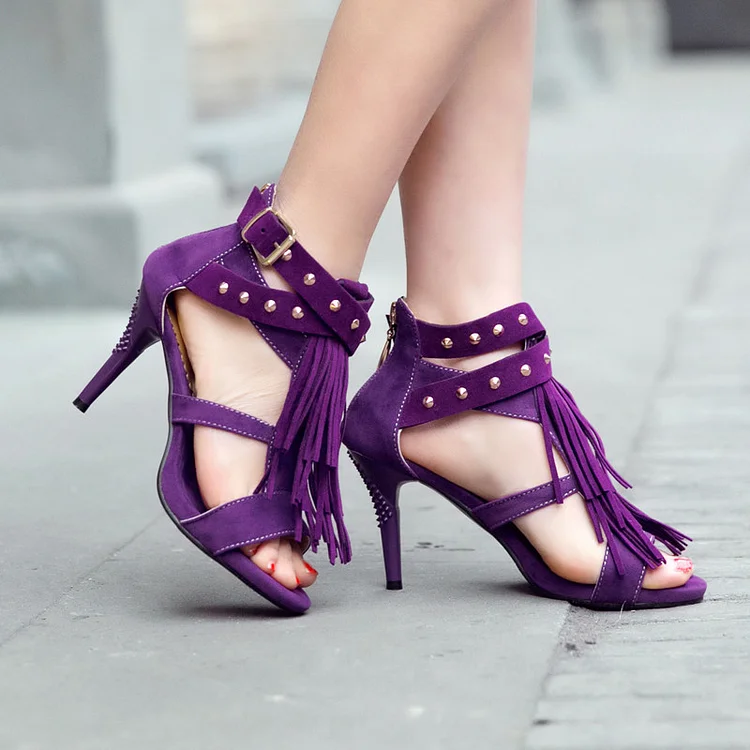 Purple Vegan Suede Fringe Studs Sandals US Size 3-15 Vdcoo
