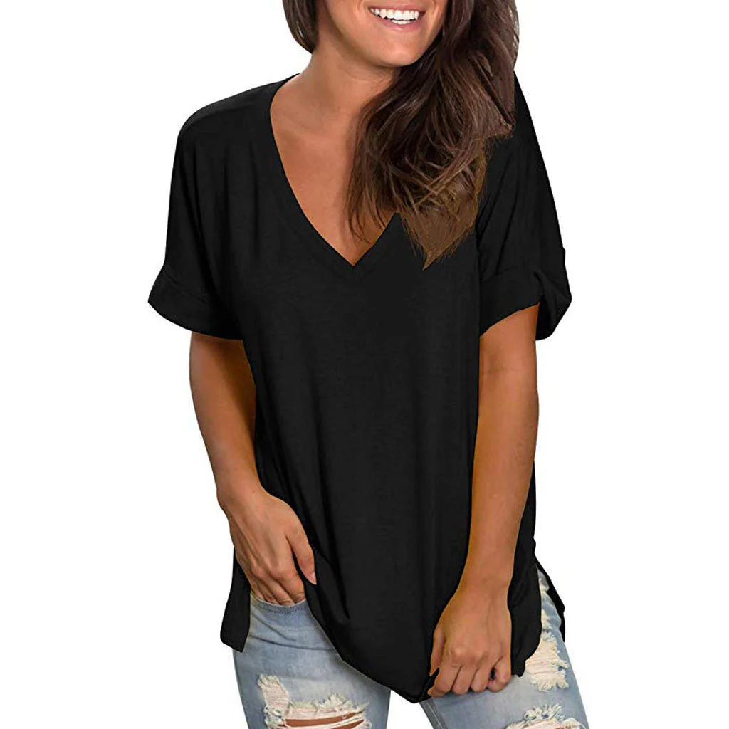 Solid Color Loose V Neck T Shirt