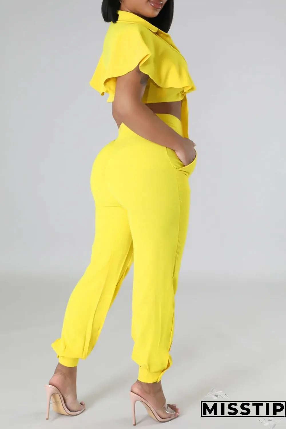 Yellow Casual Solid Frenulum V Neck Short Sleeve Two Pieces