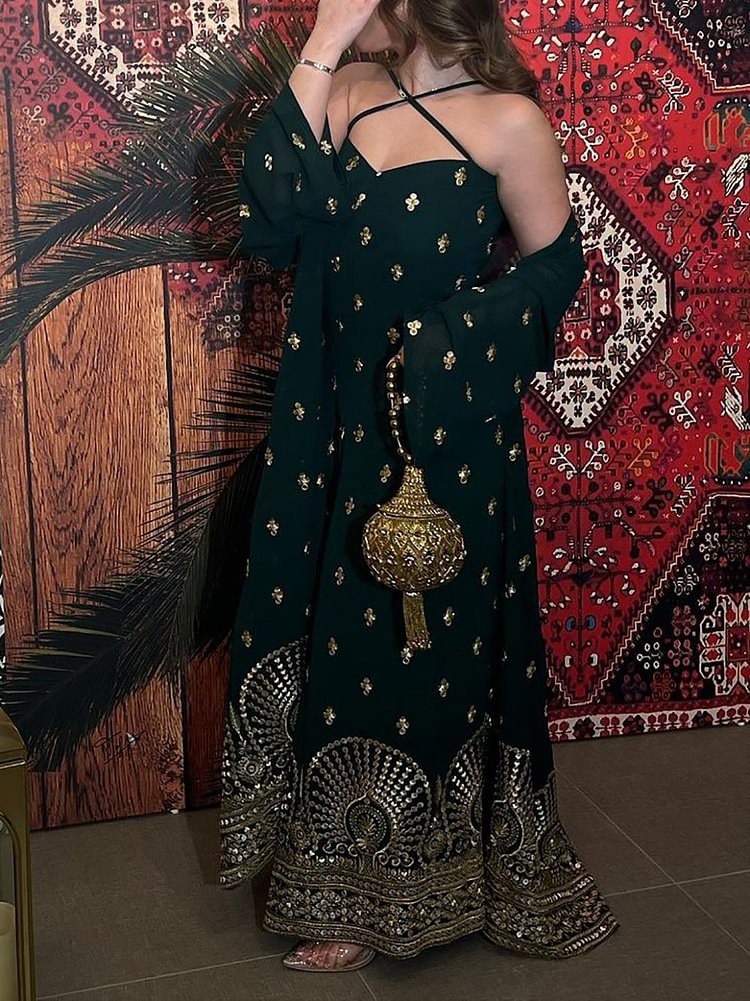 Black Ethnic Print Crossover Slip Dress and Coat Two-Piece Set