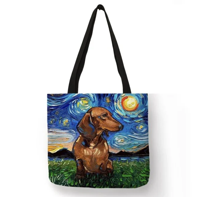 Linen Eco-friendly Tote Bag -  Van Gogh/Starry Sky Animal Dog