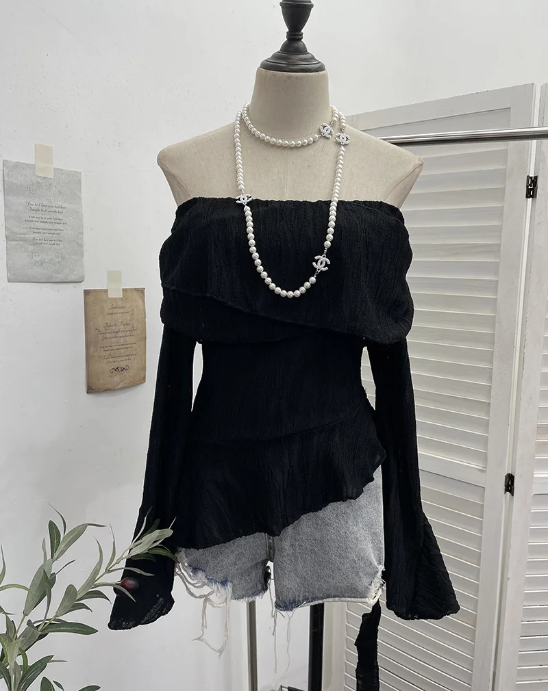 Uveng The Ballet Style Shoulder Fold Texture Texture Coat Irregularly Ribbon Horn Sleeve Short Shirt 1158