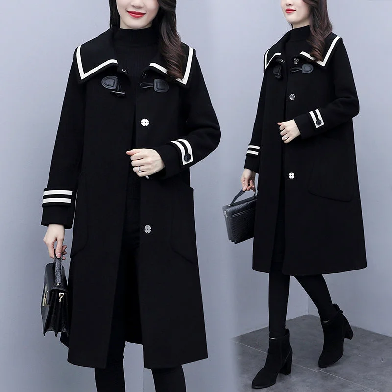 L-5XL Plus Size Black Sailor Collar Long Woollen Coat SP16695