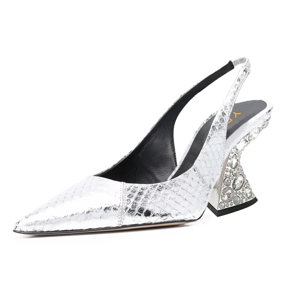Silver Metallic Finish Croc-Embossed Pointed Slingback Heel Pumps