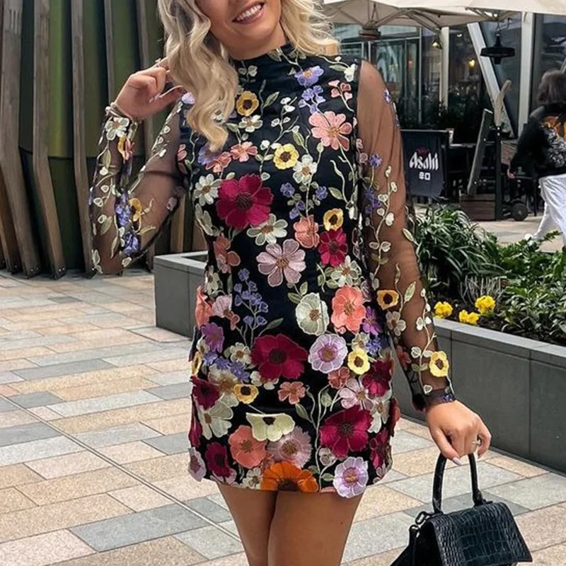 Uveng Uveng Direct Sales Three-Dimensional Flower Mesh Yarn Lace Embroidery Bag Toss Slimy Sexy Dress