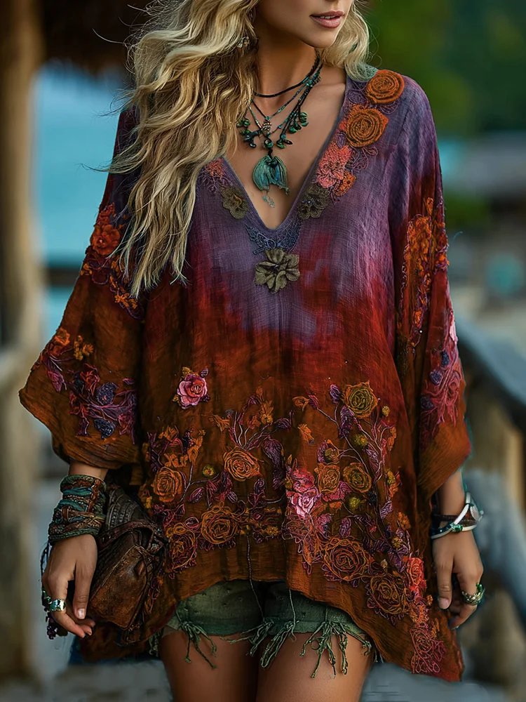 VChics Vintage Classy Gradient Blue Rose And Floral Embroidered Pattern V Neck Long Sleeve Shirt