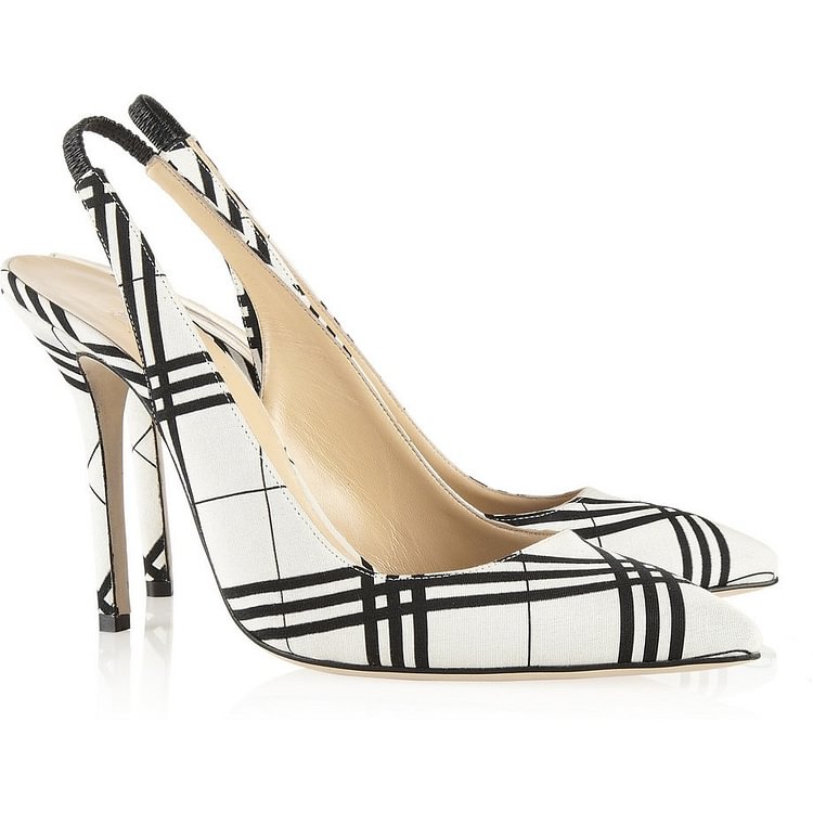 Black and White Heels Plaid Slingback Pumps Stiletto Heels|FSJshoes