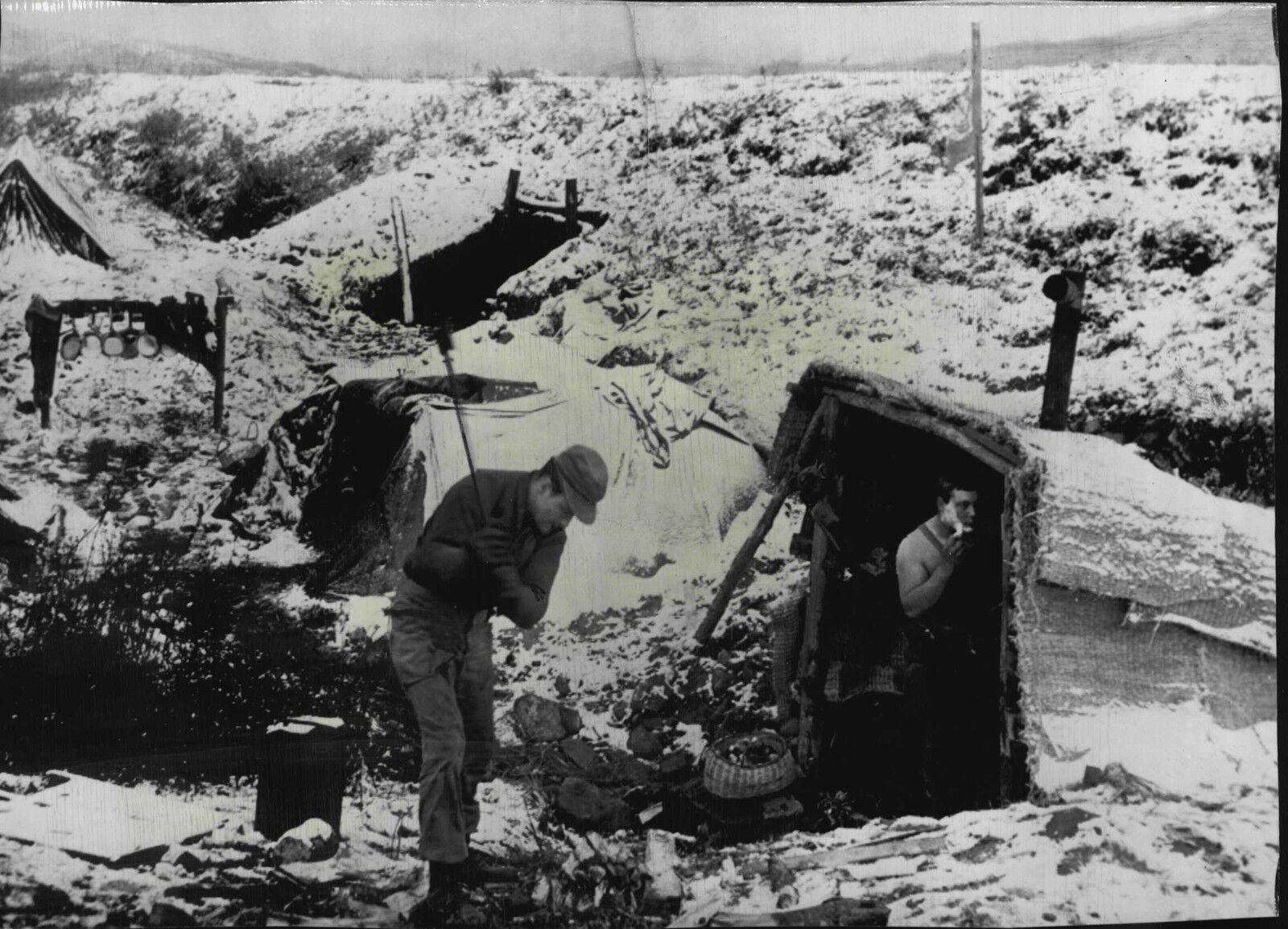 Corporals Wortman & Smith Chop Wood for Leanto Shelter in Korea Press Photo Poster painting