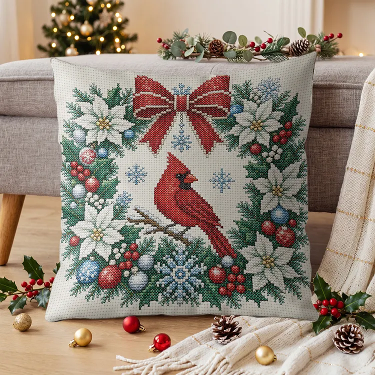 Pillow - Cardinal Wreath 11CT Stamped Cross Stitch 45*45CM