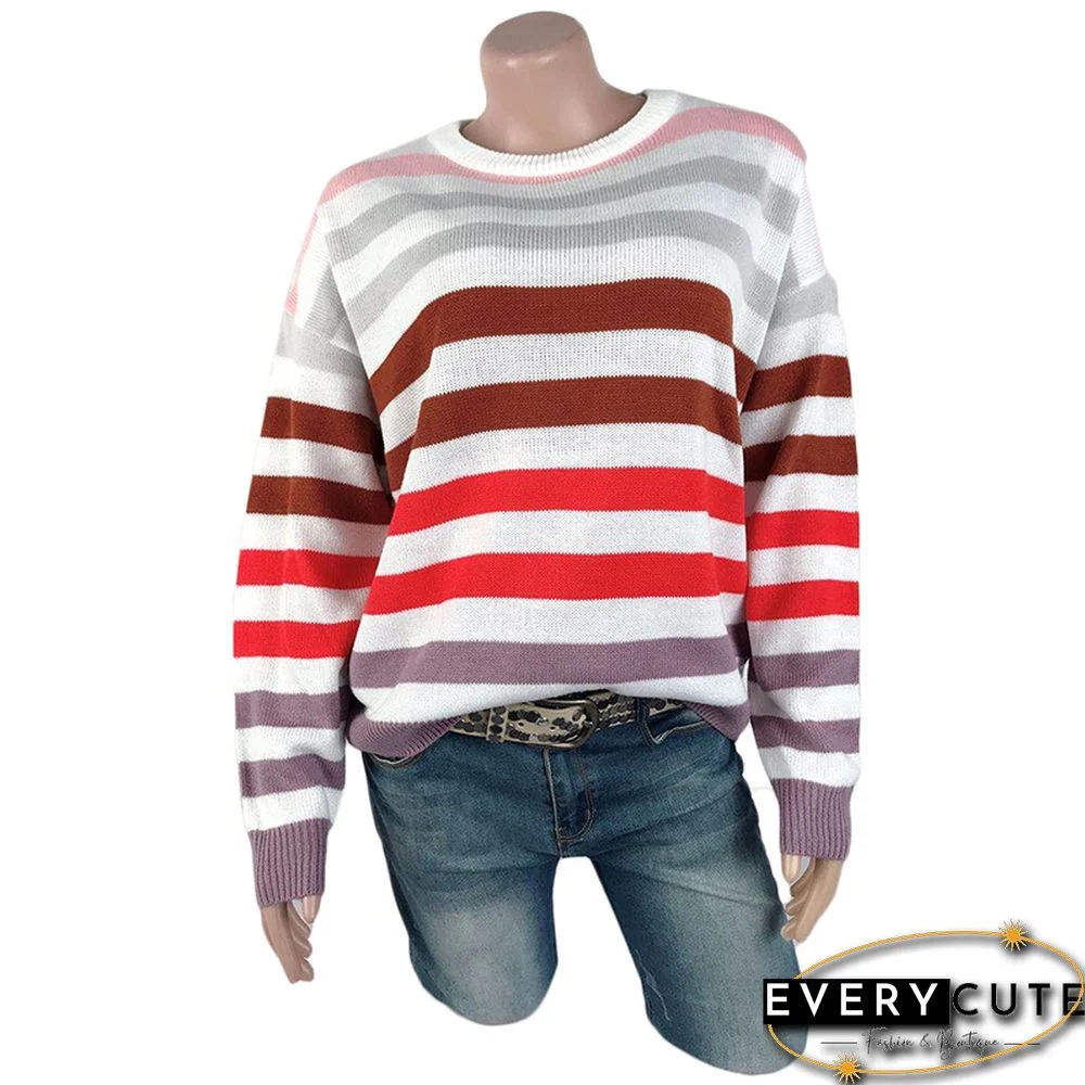 Pink Multicolor Striped Pullover Sweater