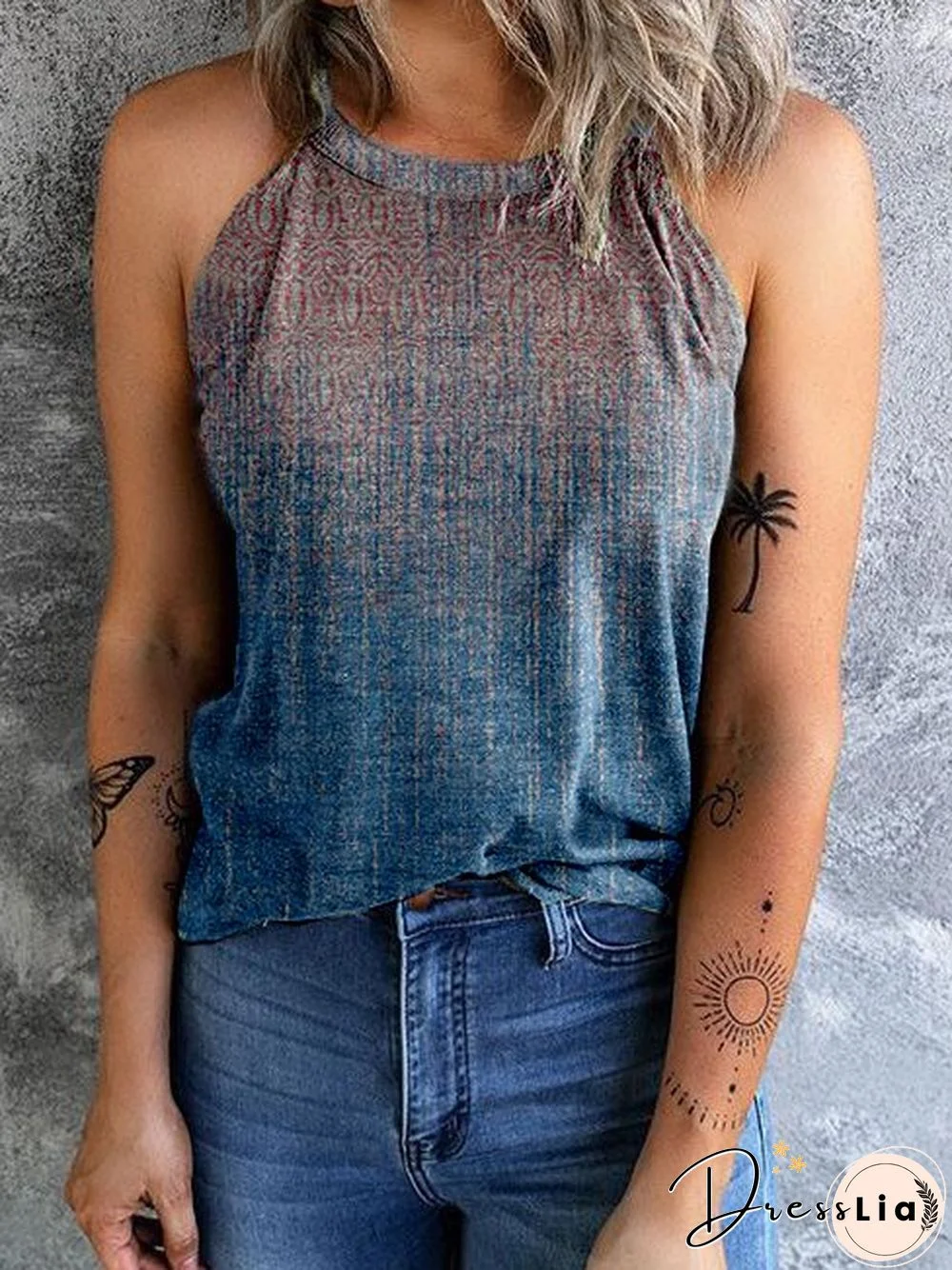 Cotton-Blend Sleeveless Crew Neck Ombre/tie-Dye Tanks & Camis