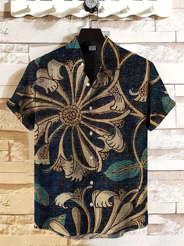 Men's Retro Floral Print Casual Linen Blend Shirt