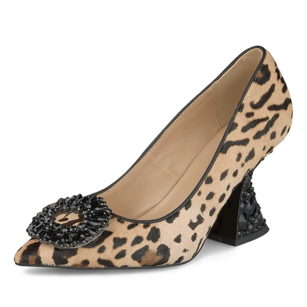 Brown Leopard Faux Suede Pointed Rhinestone Decorative Heel Pumps   