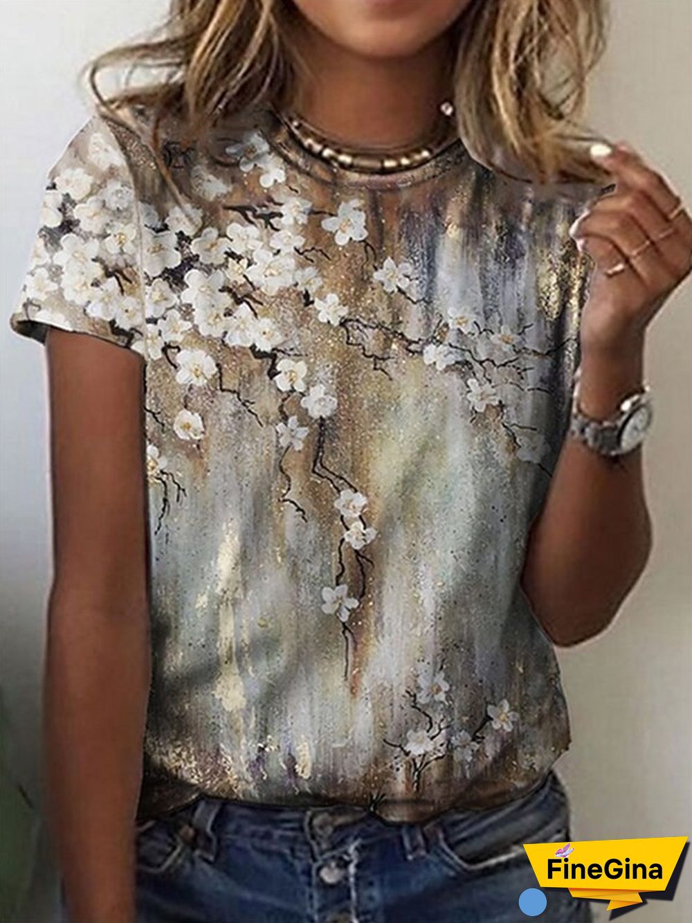 Casual Crew Neck Floral Short Sleeve T-Shirt