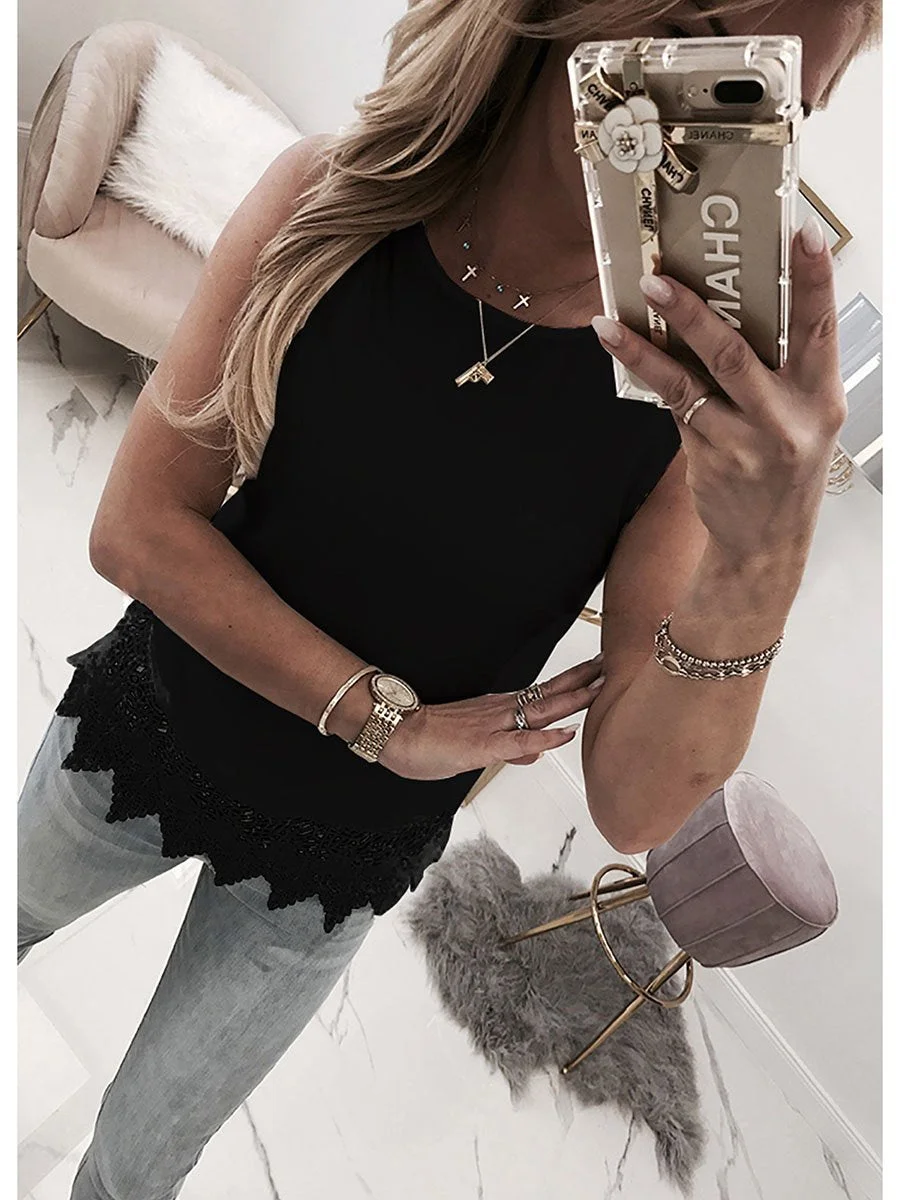 Round Neck Lace Hem Splicing Sleeveless Bandage Back T-shirt Tank Top