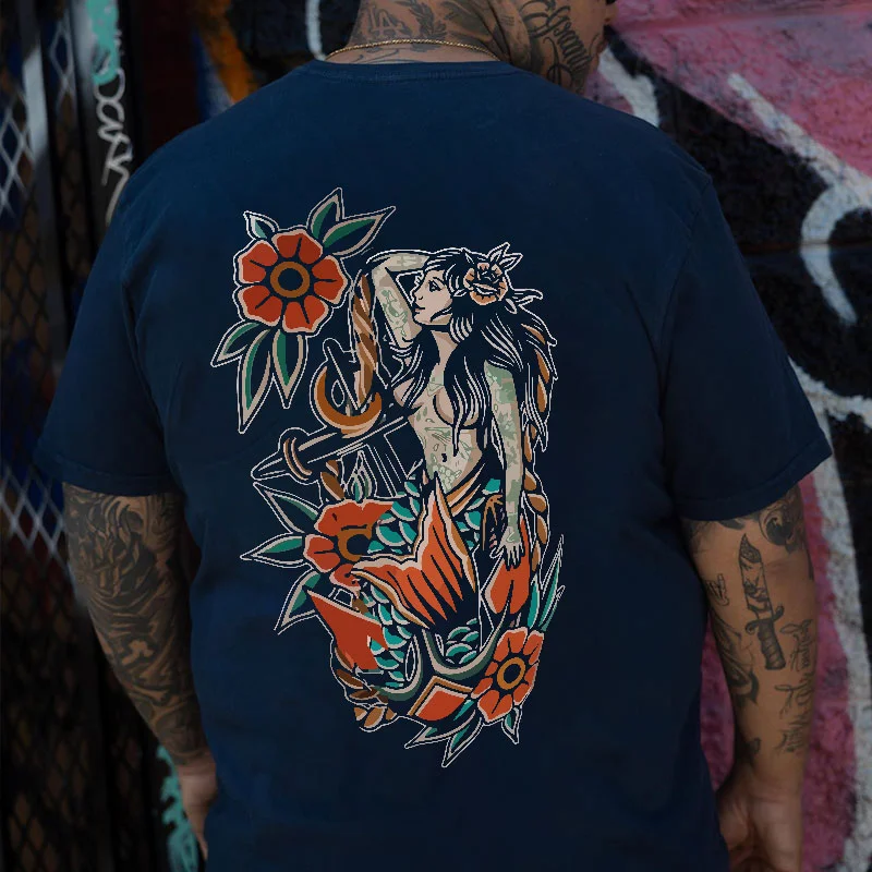 Mythology Goddess with Flowers Graphic Casual Black Print T-shirt