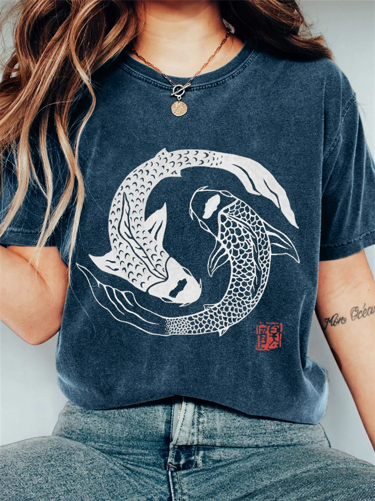 Carp Fish Contrast Japanese Lino Art Vintage T Shirt