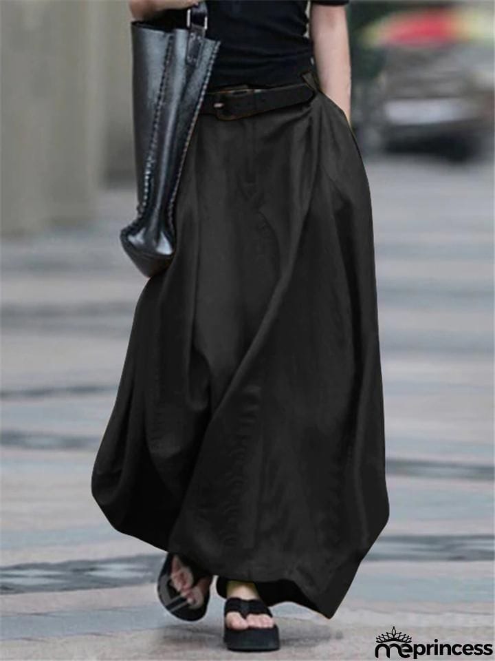 Retro Style Elastic Waist Button Zipper Pocket Flare Maxi Skirt