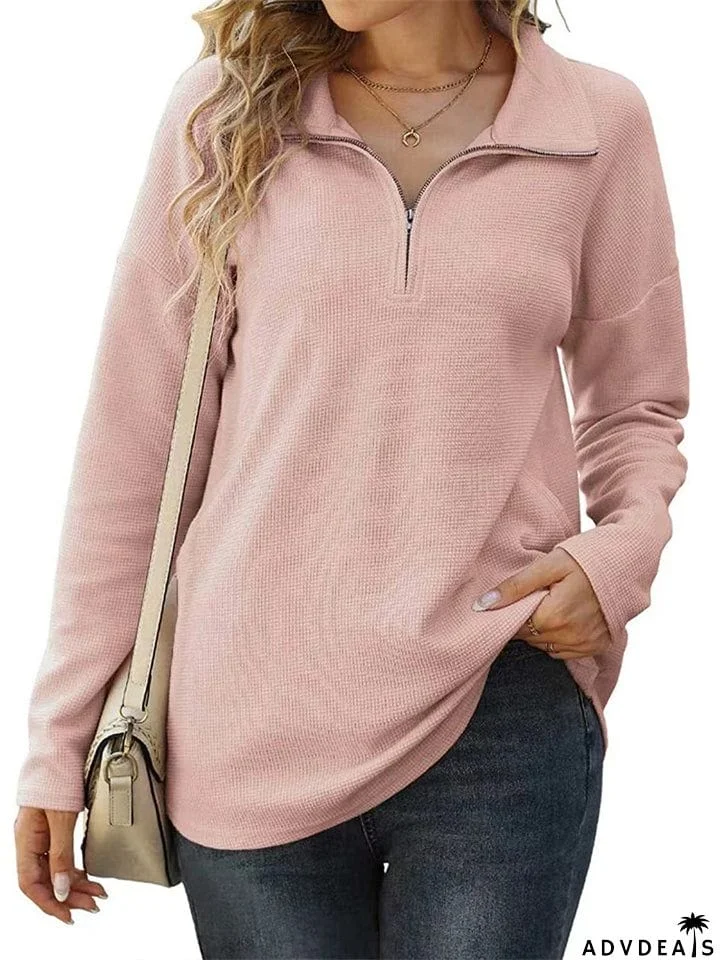 Winter Daily Zipper Long Sleeve Women Tops with Pockets