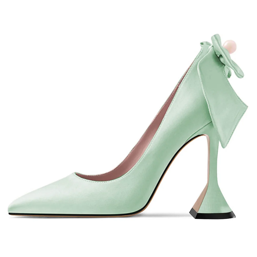 Green Slip-On Pearl Bow Pointed Toe Pumps for Women with Flared Heel