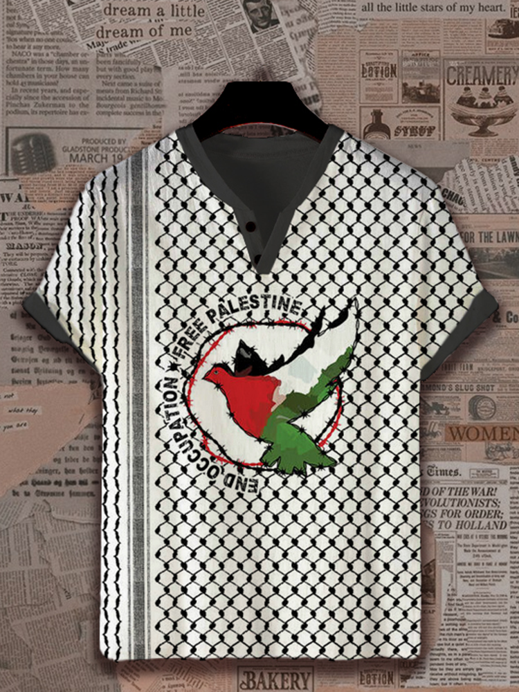 Men's Free Palestine Peace Dove Print V-Neck Button-Down Shirt