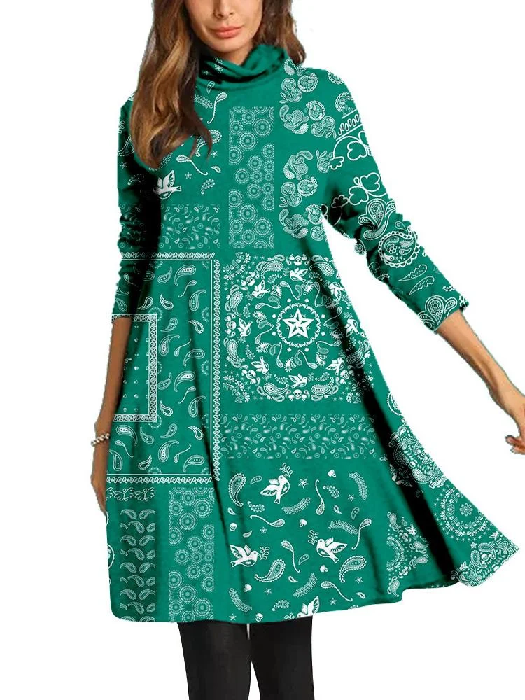 Women Long Sleeve Scoop Neck Printed Midi Dress