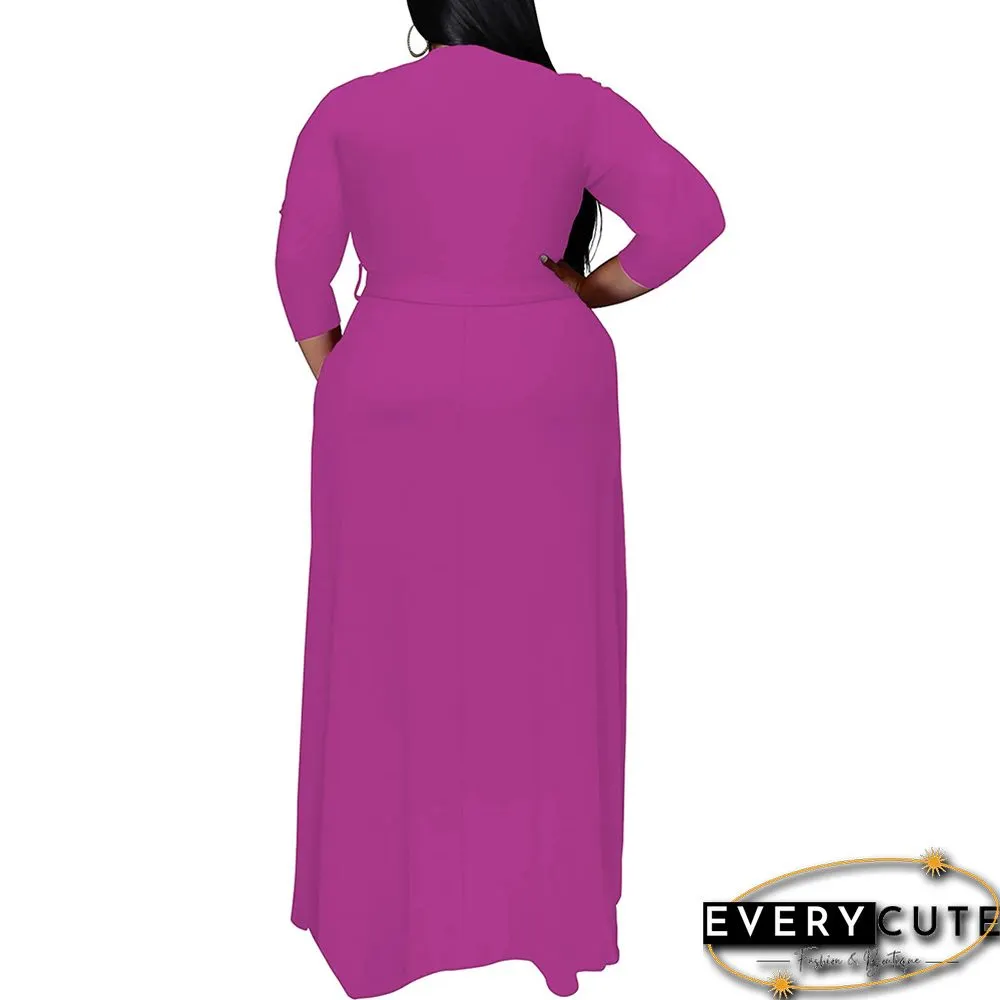 Rosy V Neck 3/4 Sleeve Plus Size Dress with Tie