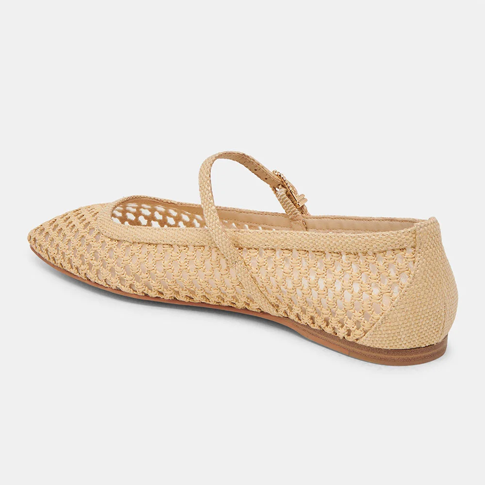 Beige Raffia Square Toe Woven Cut-Out Flat Shoes for Women