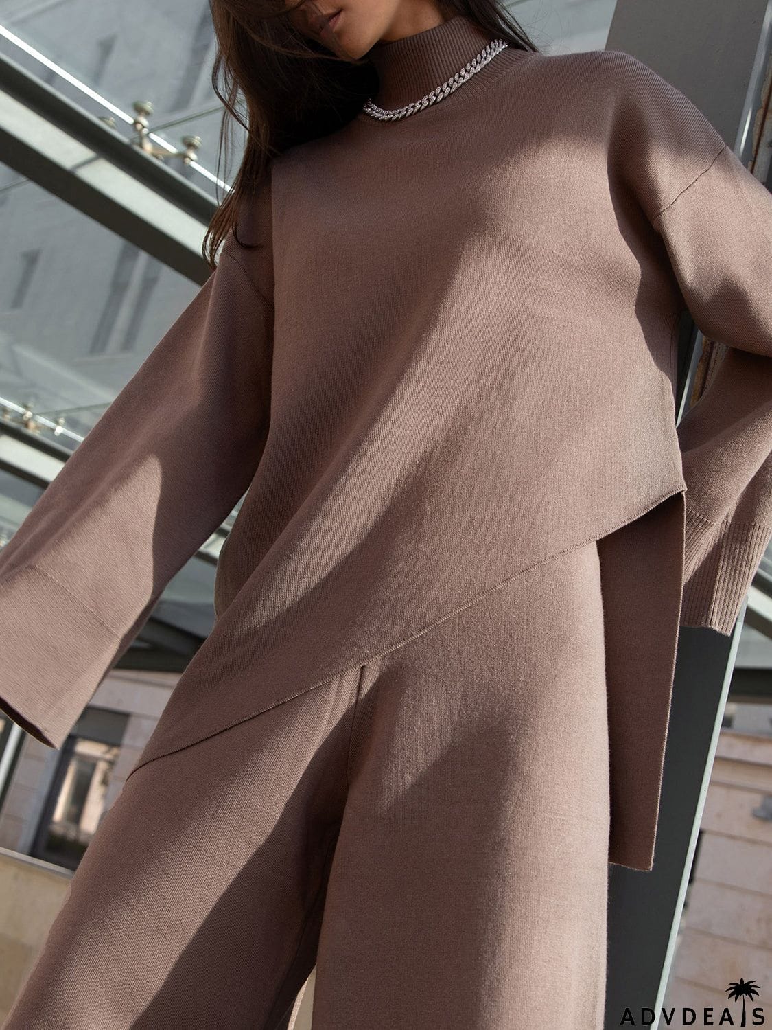 Asymmetrical Hem Knit Top and Pants Set