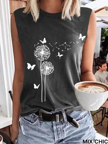 Sleeveless Floral Casual T-shirt