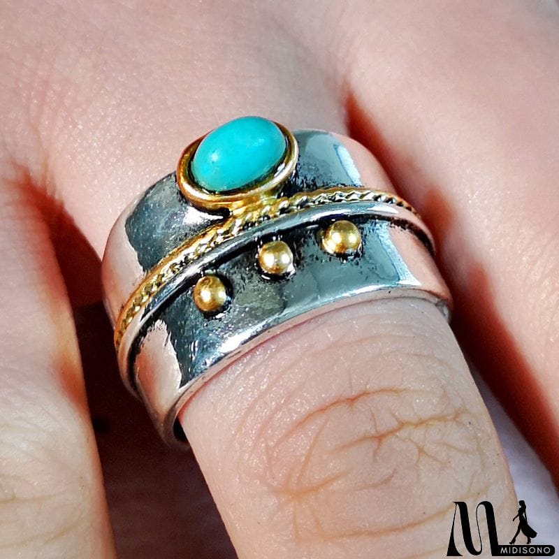 MidiSono - Classic Neutral Turquoise Inlay Gold Border Finger Ring
